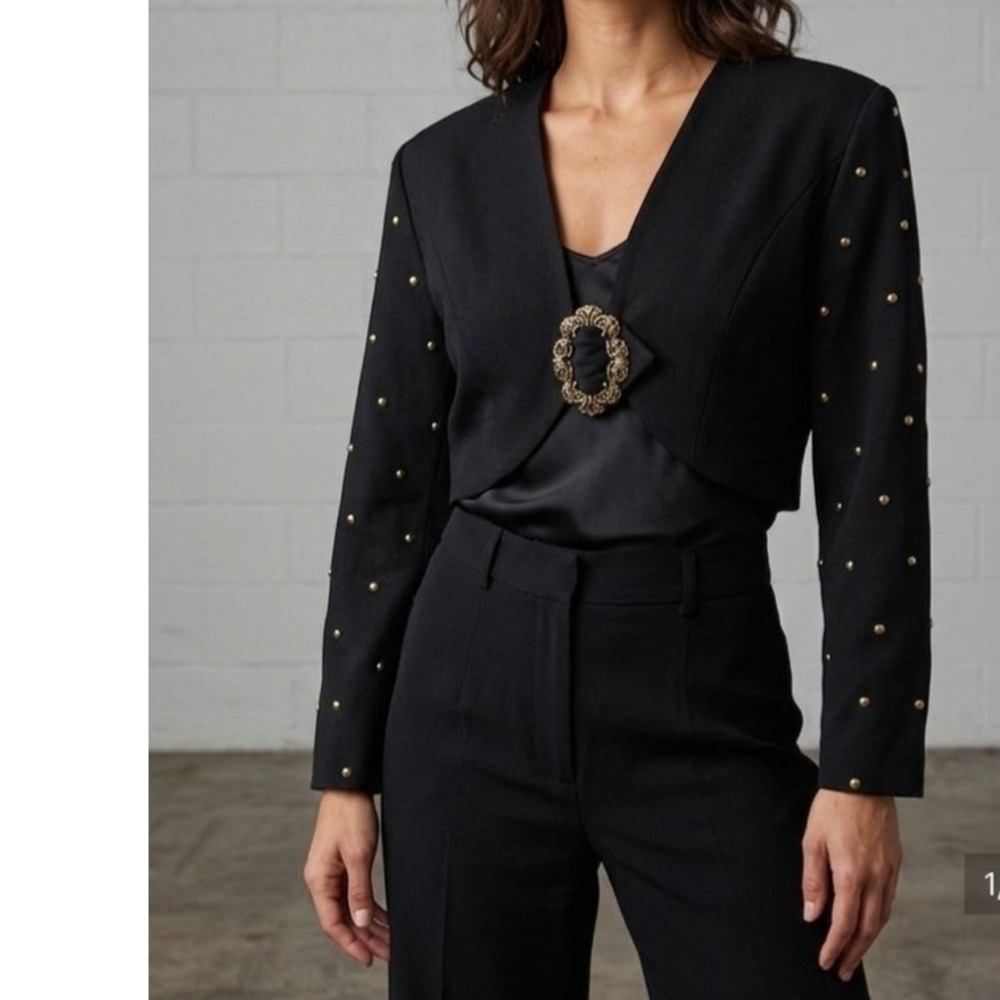 SHOX Vintage‎ 80s Womens Sz M Black Cropped Jacket Studded Ornate Metal Buckle